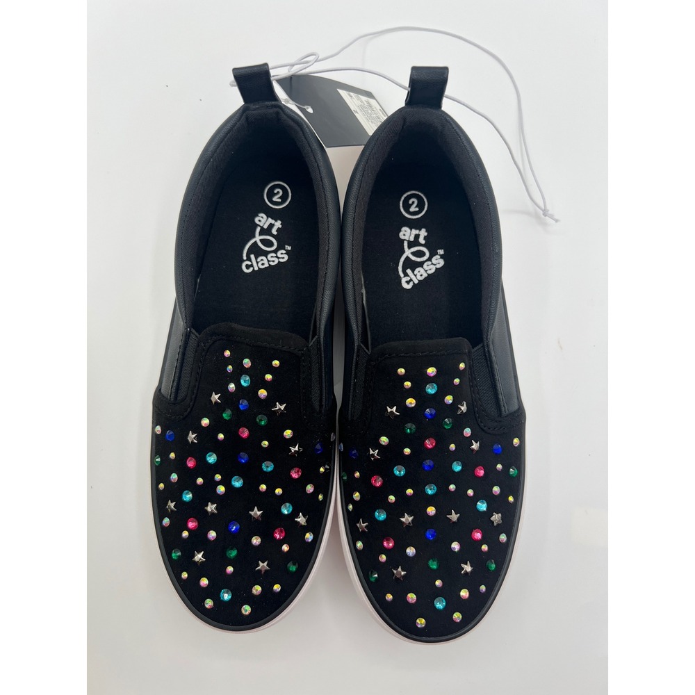 Art Class Hanna Black Rhinestone Star Studded Slip On Sneakers Kids Size 2 NEW